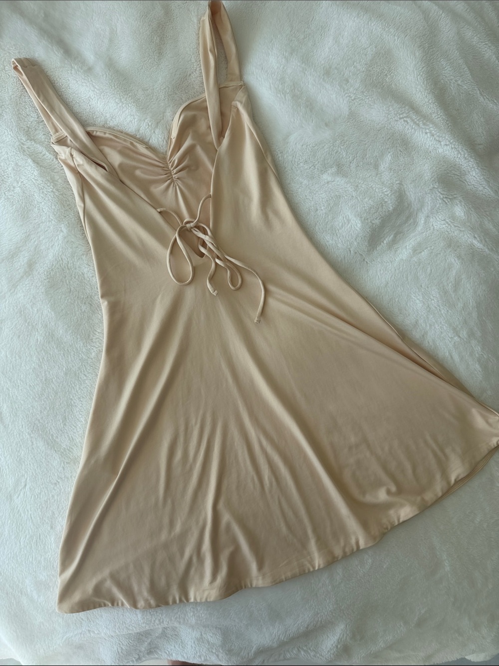 OH POLLY Emersyn Slinky Jersey Ruched V-Back Mini Dress in Buttercream - Picture 6 of 9